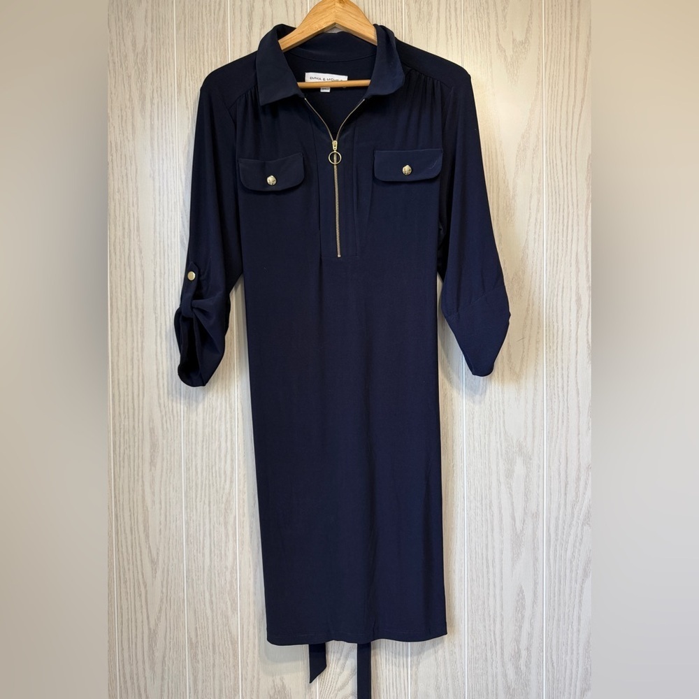 Emma & Michele Navy Zip Front Shirt Dress Gold Hardware Size Med